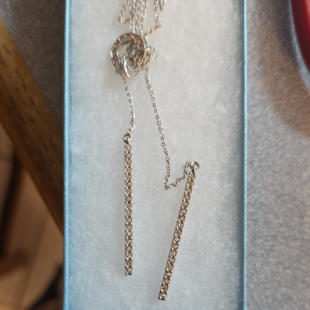 Touchstone Crystal Silver Bar Lariat Necklace Adjustable, Wear It Short Or Long